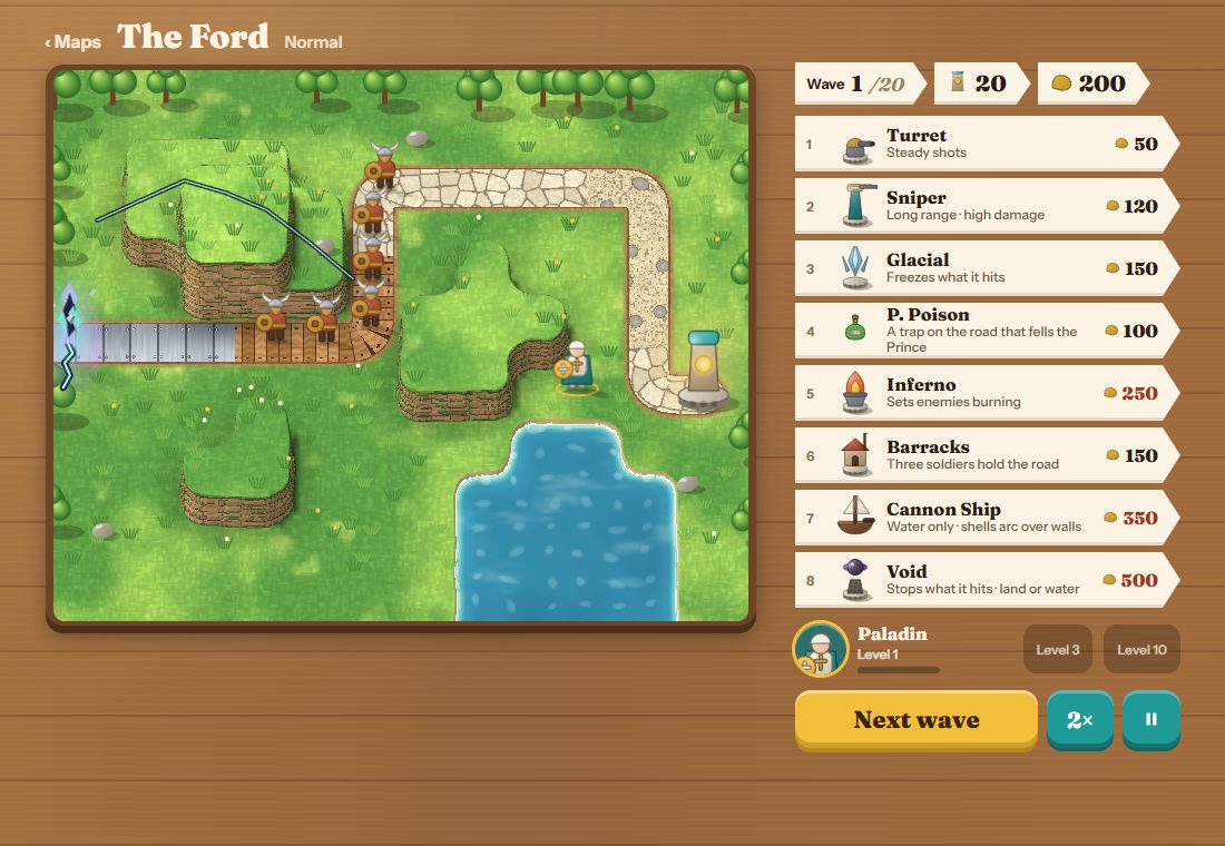 Gilded Age on The Ford, wave 1 of 20: Vikings march down a road of steel, timber and flagstone between raised grassy terraces, past the Paladin, toward the glowing Anchor. The tower tray on the right lists eight towers with their prices.