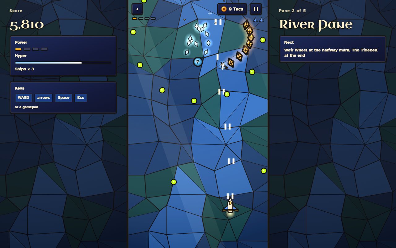 Hyper Shards on the River Pane: a cream glass ship flies up through blue and teal stained glass toward a line of amber swarm foes, lime bullets coming down, pale shards glowing where foes broke and a P to collect. Side panels show the score, power, the Hyper meter, the keys and the next mini-boss and boss.