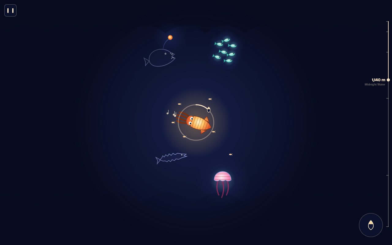 Lantern Deep at 1,140 m in Midnight Water: the orange paper-lantern squid glows in the dark, notes of its song rising behind it, with a school of glowing fish above, an anglerfish's light, a pink jelly below, the depth gauge on the right and the Ink button bottom right.