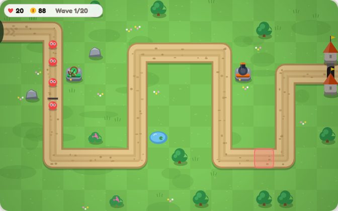 Moat & Mortar on the Green Meadow, wave 1 of 20: red grunts walk a winding dirt road past an archer tower and a cannon tower toward the castle on the right. The bar at the top shows 20 lives and 88 gold.