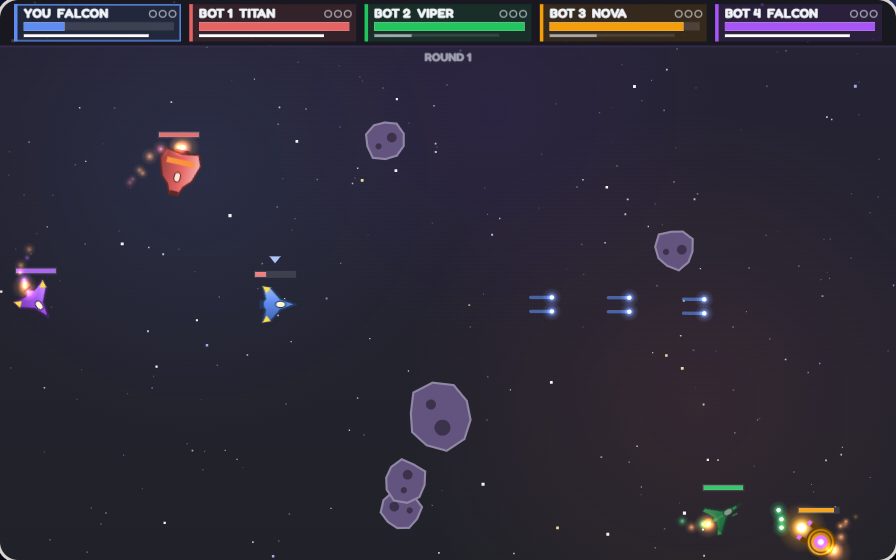 Orbit Rumble, a brawl in round 1: your Falcon, in blue, fires a stream of twin blasts across the arena between grey asteroids, while four bots close in: a Titan, a Viper, a Nova and a second Falcon. Each ship's health bar runs along the top.
