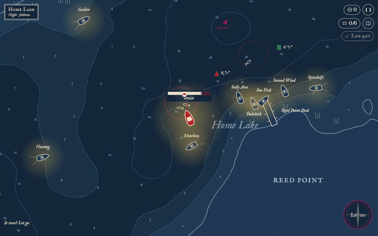 Ripple Lake at night on Home Lake: the red skiff fights a fish beside a ringed school, its strain bar up and Cast reading Let go, while lantern-lit boats fish near Reed Point Dock and a pink pointer marks a shimmer to the north.