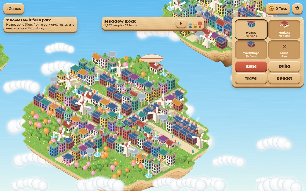 Sky Hamlet on Meadow Rock, 1,102 people: a floating island of streets, painted terraced homes, windmills, water towers, fountains and blossom trees, an airship over the rooftops and a second island at the top right. A card reads 7 homes wait for a park; the tray holds Homes, Markets, Workshops and Erase.
