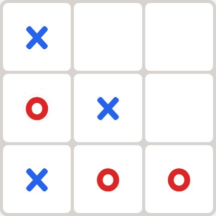 A 3×3 Tic Tac Toe board against Pip: blue Xs in the top-left corner, the centre and the bottom-left corner; red Os on the left edge and along the bottom row.