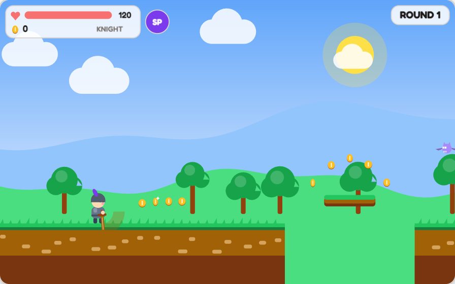 Trailblades, round 1 in the Meadow: the knight swings his sword beside a row of gold coins, with a floating platform ahead and a bat flying in from the right. His health bar reads 120.